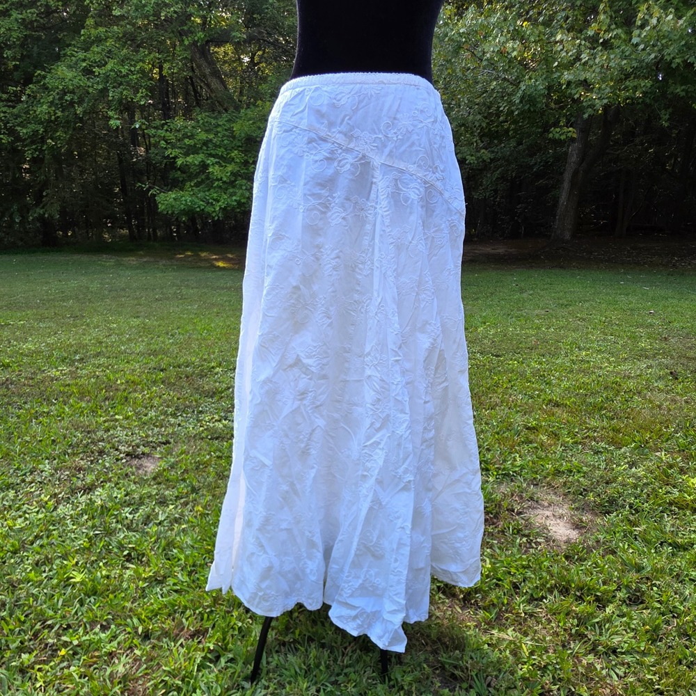 J. JILL Womens 12 White Embroidered Cotton Maxi Skirt Floral Boho Coastal Summer